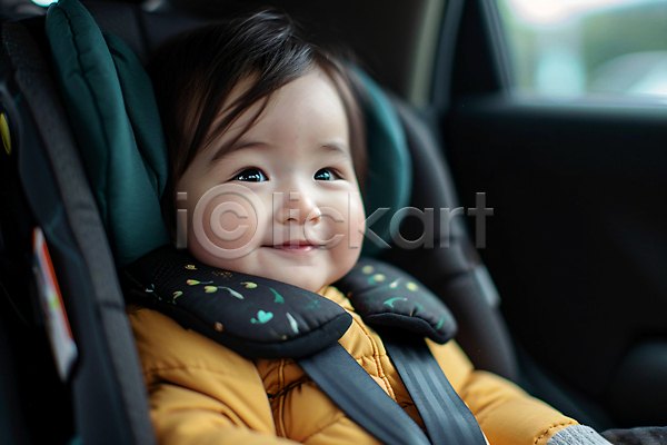 보호 아기 한명 JPG 편집이미지 미소(표정) 상반신 안전 안전벨트 응시 자동차 자동차내부 카시트