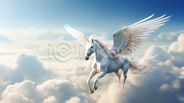 신비 사람없음 JPG 편집이미지 구름(자연) 날개(비행) 말(동물) 비행 뿔 유니콘 판타지 하늘 환상 흰색