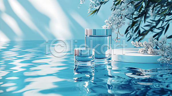 사람없음 JPG 편집이미지 공병 꽃 물 반사 뷰티 빛 수면 아이템 오브젝트 잎 파란색 화장품