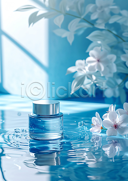 사람없음 JPG 편집이미지 공병 꽃 물 물결 반사 뷰티 빛 수면 아이템 오브젝트 파란색 화장품