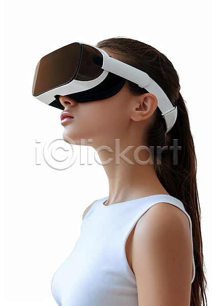 미래 성인 성인여자한명만 여자 한명 JPG 편집이미지 VR기기 가상현실 기술 상반신 오큘러스 증강현실 착용 헤드셋