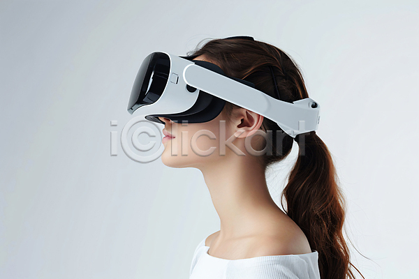 미래 성인 성인여자한명만 여자 한명 JPG 편집이미지 VR기기 가상현실 기술 상반신 오큘러스 증강현실 착용 헤드셋