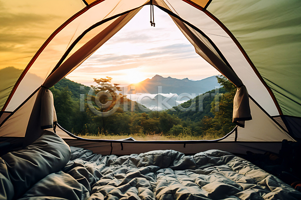여유 휴식 사람없음 JPG 편집이미지 구름(자연) 나무 산 야외 일몰 일출 캠핑 텐트 풍경(경치) 하늘 햇빛