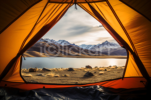 여유 휴식 사람없음 JPG 편집이미지 구름(자연) 설산 야외 일몰 일출 캠핑 텐트 풍경(경치) 하늘 호수