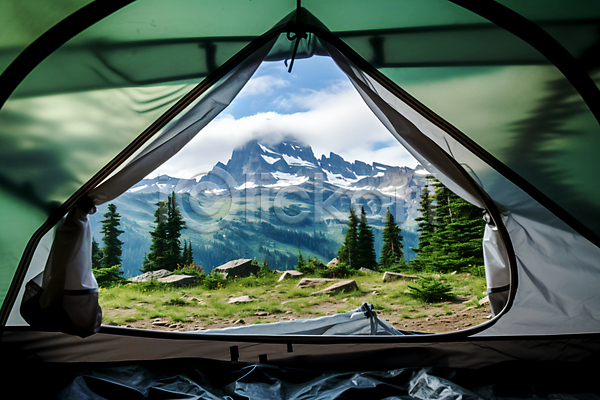 여유 휴식 사람없음 JPG 편집이미지 구름(자연) 나무 바위 설산 야외 캠핑 텐트 풍경(경치) 하늘