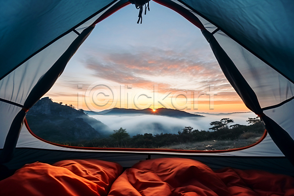 여유 휴식 사람없음 JPG 편집이미지 산 야외 운해 일몰 일출 캠핑 텐트 풍경(경치) 하늘