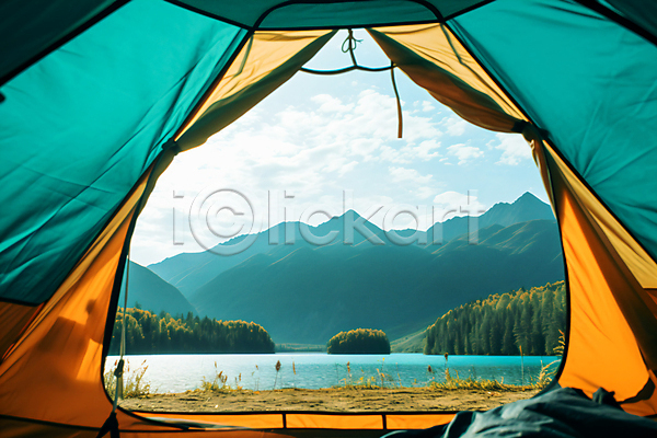 여유 휴식 사람없음 JPG 편집이미지 구름(자연) 산 야외 캠핑 텐트 풀잎 풍경(경치) 하늘 햇빛 호수