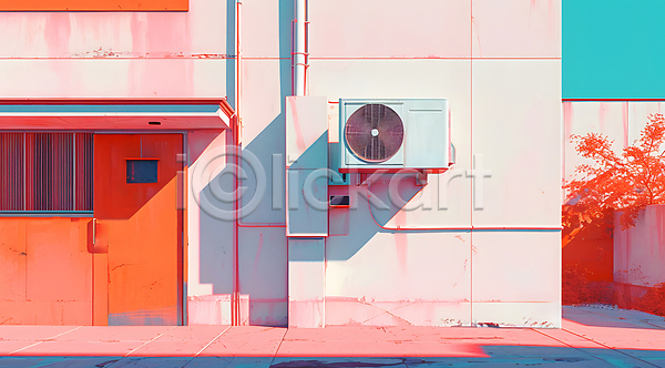 사람없음 JPG 디지털합성 편집이미지 건물 미니멀 민트색 분홍색 빌딩 실외기 에어컨 주황색 창문 파스텔톤 편집소스