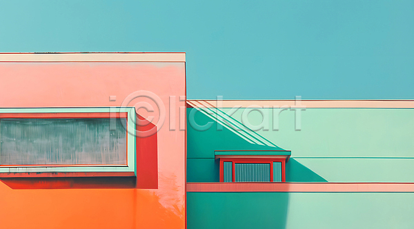 사람없음 JPG 디지털합성 편집이미지 건물 미니멀 민트색 분홍색 빌딩 주황색 창문 파스텔톤 편집소스