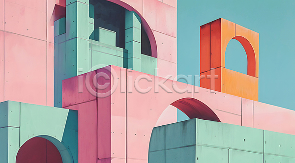 사람없음 JPG 디지털합성 편집이미지 건물 미니멀 민트색 분홍색 빌딩 아치 주황색 창문 파스텔톤 편집소스