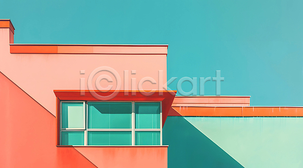 사람없음 JPG 디지털합성 편집이미지 건물 미니멀 민트색 분홍색 빌딩 주황색 창문 파스텔톤 편집소스