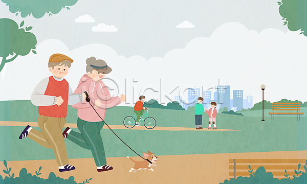 산책 남자 노년 성인 소녀(어린이) 어린이 여러명 여자 PSD 일러스트 강아지 공원 나무 목줄 벤치 썬캡 은퇴 의자 자전거 전신 조깅 할머니 할아버지
