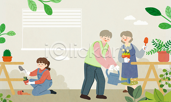 남자 노년 성인 세명 여자 PSD 일러스트 들기 모종삽 물뿌리개 물주기 베이지색 원예 원예용품 은퇴 잎 할머니 할아버지 화분 흙
