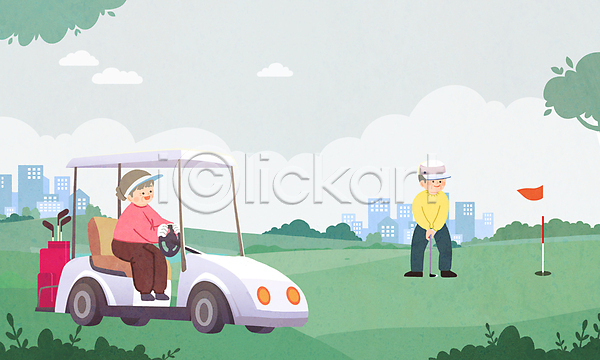 남자 노년 노인만 두명 여자 PSD 일러스트 골 골프 골프장 골프채 골프카트 구름(자연) 나무 승차 앉기 운전 은퇴 전신 할머니 할아버지