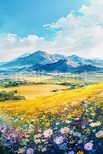 사람없음 JPG 일러스트 구름(자연) 꽃밭 맑음 백그라운드 봄 산 수채화(물감) 초원(자연) 풍경(경치) 하늘