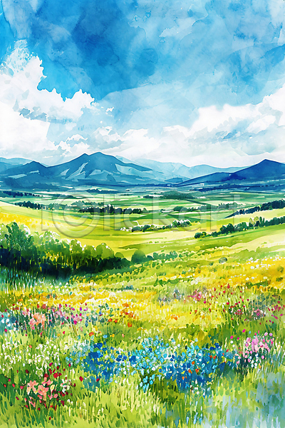 사람없음 JPG 일러스트 구름(자연) 꽃밭 맑음 백그라운드 번짐 봄 산 수채화(물감) 초원(자연) 풍경(경치) 하늘