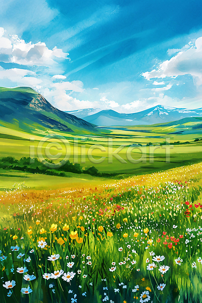 사람없음 JPG 일러스트 구름(자연) 꽃밭 맑음 백그라운드 봄 산 수채화(물감) 초원(자연) 풍경(경치) 하늘