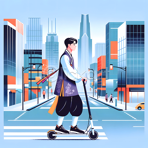 남자 성인 성인남자한명만 한명 JPG 일러스트 가로등 도로 도시 도심 빌딩 생활한복 승차 자동차 퀵보드 한국전통 한복 힙스터