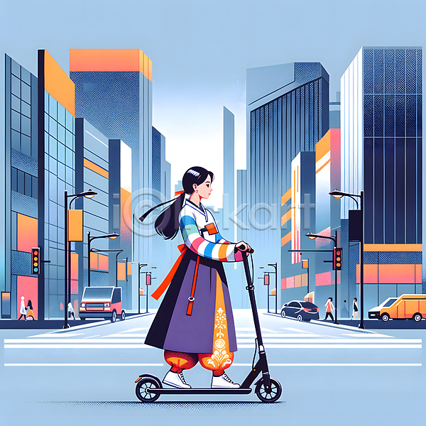 성인 성인여자한명만 여자 한명 JPG 일러스트 가로등 도로 도시 도심 빌딩 생활한복 신호등 자동차 퀵보드 한국전통 한복 힙스터