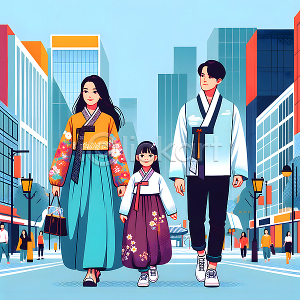 군중 남자 성인 소녀(어린이) 여자 JPG 일러스트 가로등 가족 걷기 도로 도시 도심 들기 빌딩 생활한복 한국전통 한복 한옥 힙스터