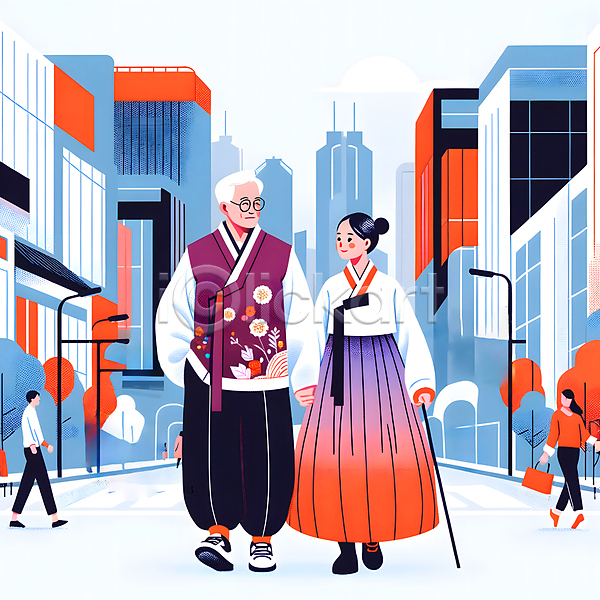 남자 두명 성인 여자 JPG 일러스트 가로등 걷기 도로 도시 도심 빌딩 생활한복 손잡기 전신 주머니손 지팡이 한국전통 한복 힙스터