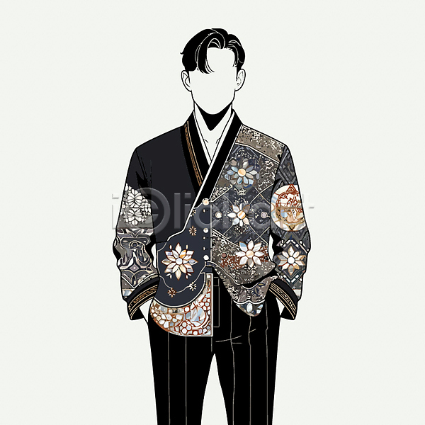 남자 남자한명만 한명 AI(파일형식) 일러스트 가방 유행 자개 재킷 전통의상 주머니손 패션 퓨전 힙스터