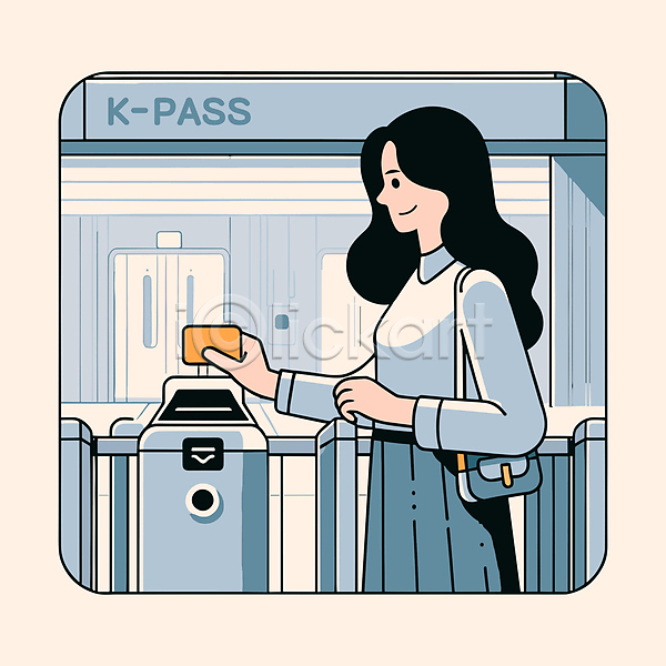 성인 성인여자한명만 여자 한명 AI(파일형식) 일러스트 가방 개찰구 교통카드 대중교통 들기 상반신 통근 파란색
