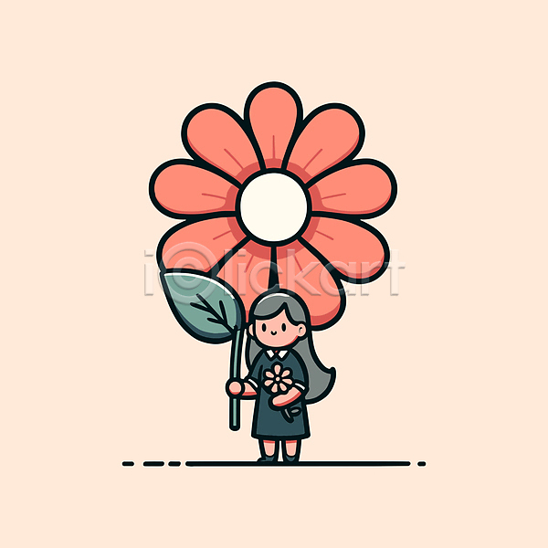 귀여움 소녀(어린이) 소녀한명만 어린이 여자 한명 AI(파일형식) 일러스트 꽃 들기 분홍색 서기 아기자기 잎 자연 잡기 전신 큼