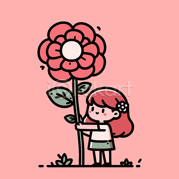 귀여움 소녀(어린이) 소녀한명만 어린이 여자 한명 AI(파일형식) 일러스트 꽃 분홍색 서기 아기자기 야외 잎 자연 잡기 전신 큼