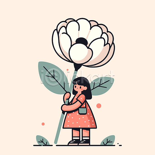 귀여움 소녀(어린이) 소녀한명만 어린이 여자 한명 AI(파일형식) 일러스트 가방 꽃 들기 서기 아기자기 잎 자연 잡기 전신 큼