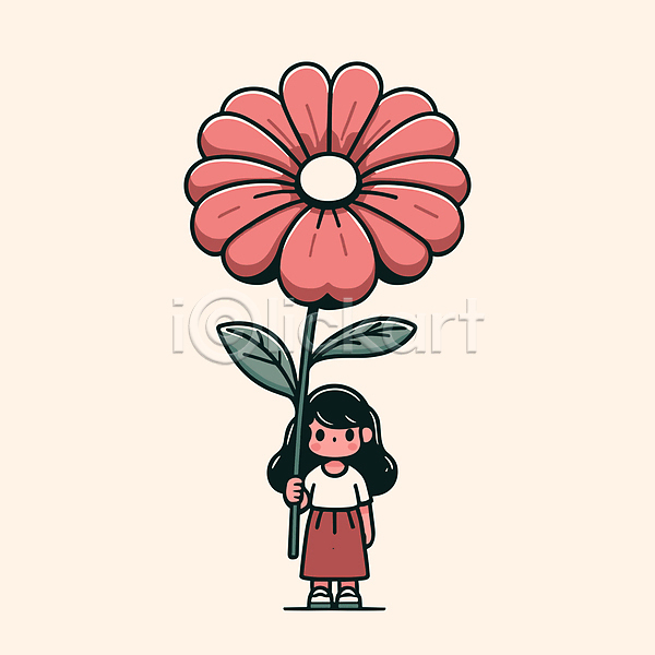 귀여움 소녀(어린이) 소녀한명만 어린이 여자 한명 AI(파일형식) 일러스트 꽃 들기 분홍색 서기 아기자기 잎 자연 잡기 전신 큼
