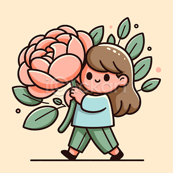 귀여움 소녀(어린이) 소녀한명만 어린이 여자 한명 AI(파일형식) 일러스트 걷기 꽃 들기 서기 아기자기 잎 자연 잡기 전신 큼