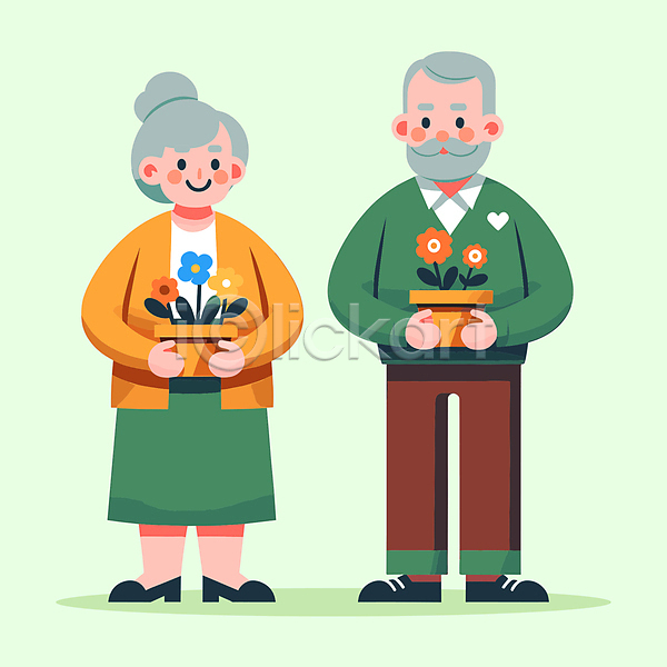 남자 노년 노인만 두명 여자 AI(파일형식) 일러스트 꽃 나뭇잎 노부부 들기 부부 실버(노인) 전신 캐릭터 클립아트 할머니 할아버지 화분