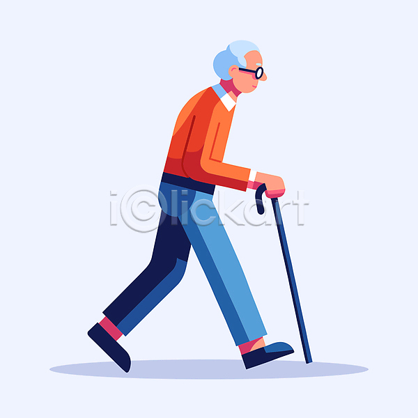 남자 노년 노인남자한명만 한명 AI(파일형식) 일러스트 걷기 실버(노인) 안경 전신 지팡이 캐릭터 클립아트 할아버지