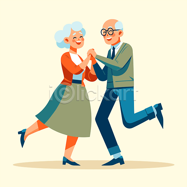 기쁨 남자 노년 노인만 두명 여자 AI(파일형식) 일러스트 노부부 부부 손잡기 실버(노인) 전신 춤 캐릭터 클립아트 할머니 할아버지