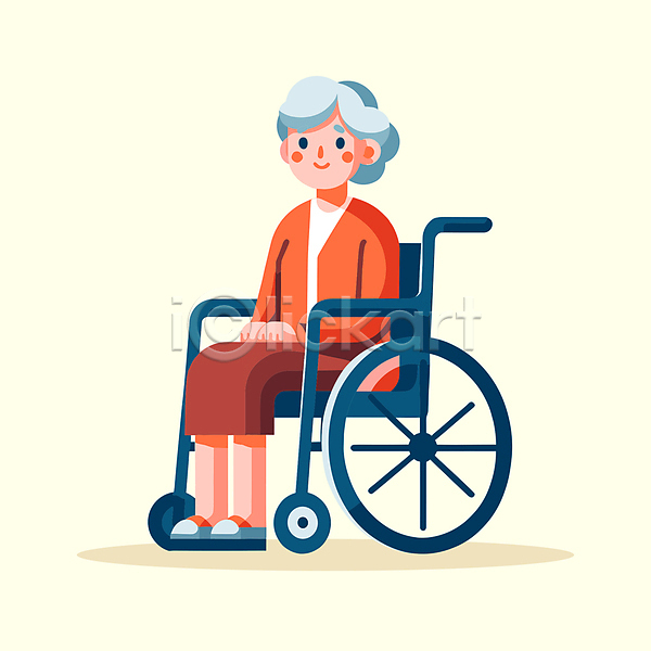 노년 노인여자한명만 여자 한명 AI(파일형식) 일러스트 실버(노인) 앉기 전신 캐릭터 클립아트 할머니 휠체어
