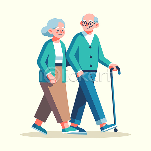 산책 남자 노년 노인만 두명 여자 AI(파일형식) 일러스트 걷기 실버(노인) 안경 전신 지팡이 캐릭터 클립아트 할머니 할아버지