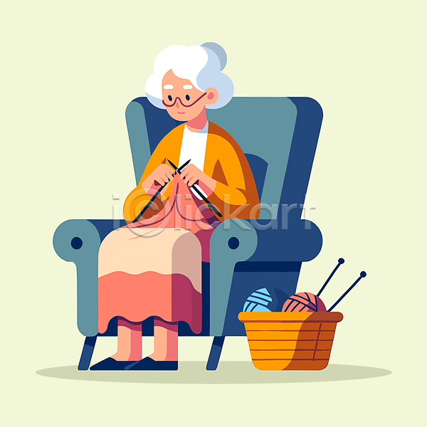 노년 노인여자한명만 여자 한명 AI(파일형식) 일러스트 담요 뜨개질 바구니 바늘(도구) 소파 실버(노인) 안경 앉기 의자 전신 캐릭터 코바늘 클립아트 털실 할머니