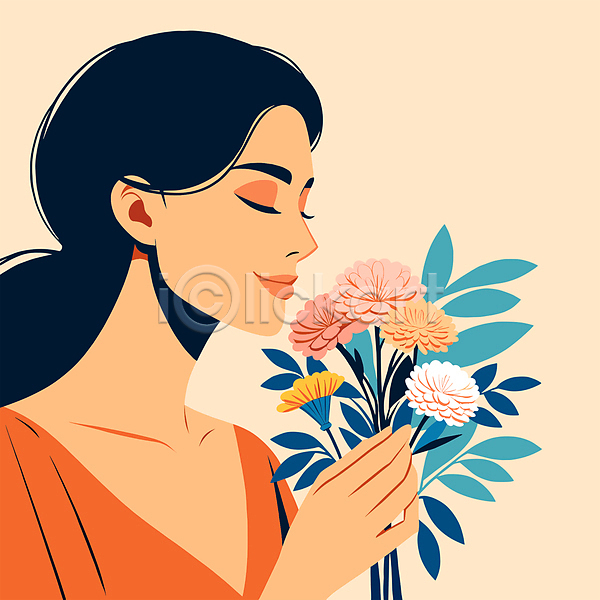 화려 성인 성인여자한명만 여자 한명 AI(파일형식) 일러스트 꽃 나뭇잎 눈감음 들기 부케 잎 자연 주황색 캐릭터 향기