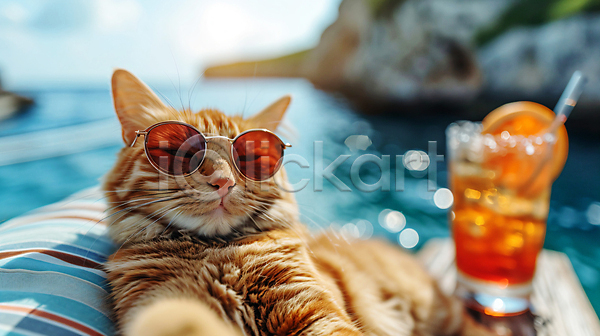 행복 휴식 사람없음 JPG 편집이미지 고양이 바다 바캉스 선글라스 여름휴가 여행 음료 잔 한마리 호캉스 휴가