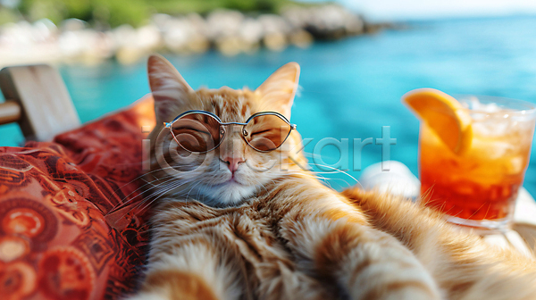 행복 휴식 사람없음 JPG 편집이미지 고양이 바다 바캉스 선글라스 여름휴가 여행 음료 잔 한마리 호캉스 휴가