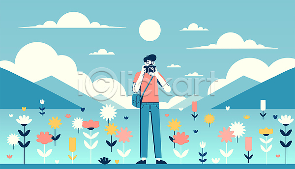 남자 성인 성인남자한명만 한명 AI(파일형식) 일러스트 가방 구름(자연) 꽃 봄 사진촬영 산 여행 자연 전신 초원(자연) 카메라 캐릭터 태양 파란색 풍경(경치) 하늘