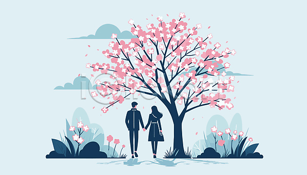 남자 두명 성인 성인만 여자 AI(파일형식) 일러스트 구름(자연) 데이트 벚나무 봄 손잡기 여행 자연 전신 캐릭터 커플 파란색 풍경(경치) 하늘