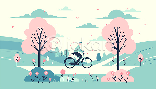 남자 성인 성인남자한명만 한명 AI(파일형식) 일러스트 구름(자연) 꽃잎 민트색 벚나무 봄 산 여행 자연 자전거 전신 캐릭터 풍경(경치) 하늘