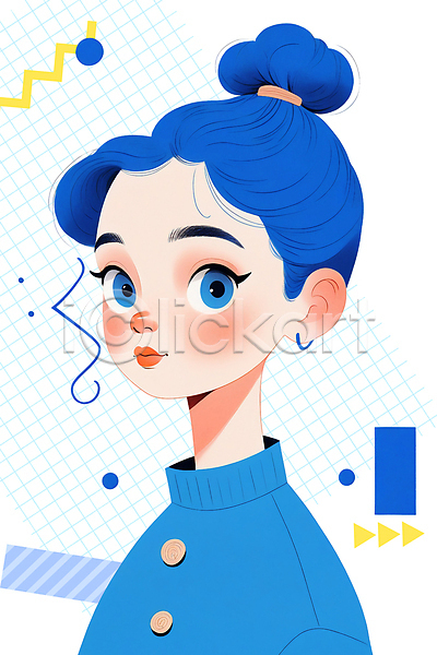 귀여움 성인 성인여자한명만 여자 한명 PSD 일러스트 귀걸이 도형 뷰티 상반신 응시 파란색 패션