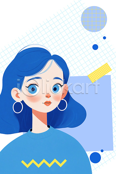 귀여움 성인 성인여자한명만 여자 한명 PSD 일러스트 귀걸이 도형 뷰티 상반신 응시 파란색 패션
