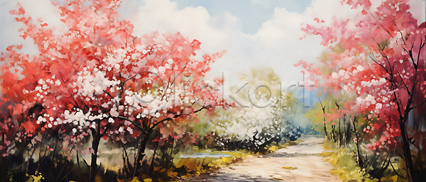 분위기 사람없음 JPG 일러스트 구름(자연) 길 꽃나무 봄 분홍색 유화 풍경(경치)