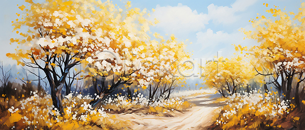 분위기 사람없음 JPG 일러스트 구름(자연) 길 꽃나무 노란색 봄 유화 풍경(경치)