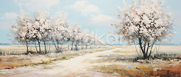 분위기 사람없음 JPG 일러스트 구름(자연) 길 꽃나무 봄 유화 풍경(경치) 흰색