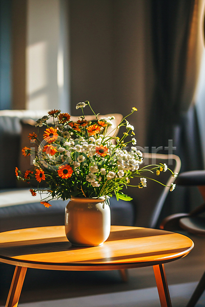사람없음 JPG 디지털합성 편집이미지 거실 꽃 꽃병 소파 실내 인테리어 주택 탁자 햇빛